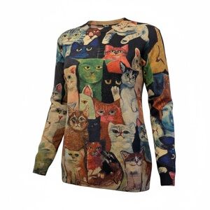 FUN CATS Art to Wear Statement Quirky Grandma Sweater Cottagecore Cat Lover 📐L
